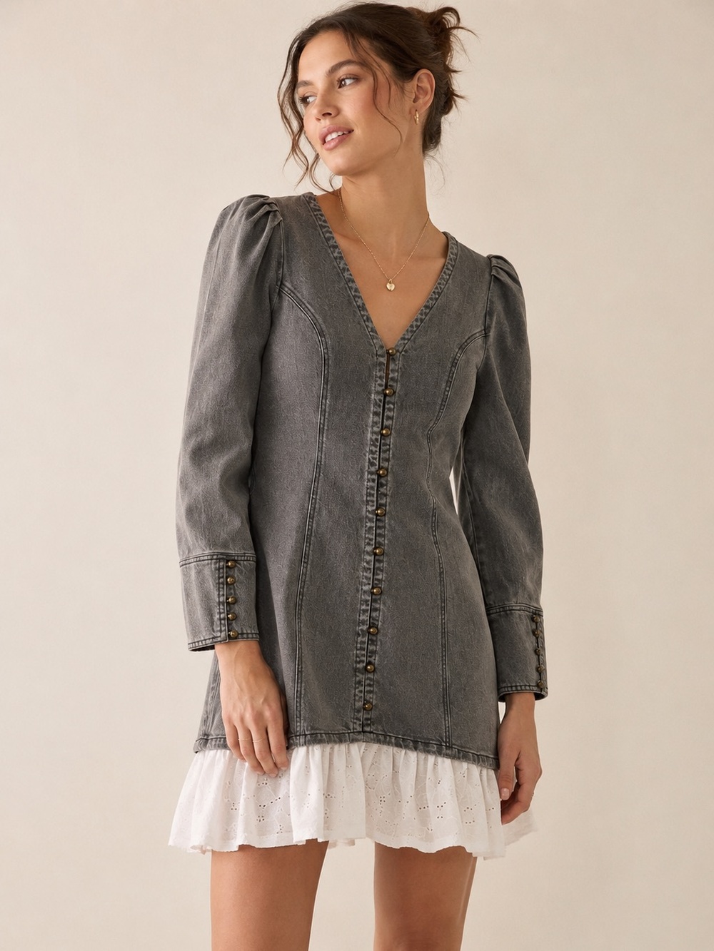 NWT Pilcro Anthropologie Denim Mini Dress XS Gray Puff Sleeve Eyelet Ruffle